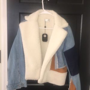 Denim patchwork sherling crop jacket
